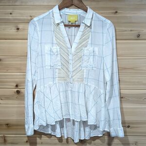 Anthropologie Womens Top 4 White Blue Grid Blouse
